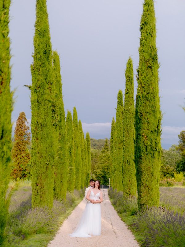 Newly wed couple among cypress aisle in Provence